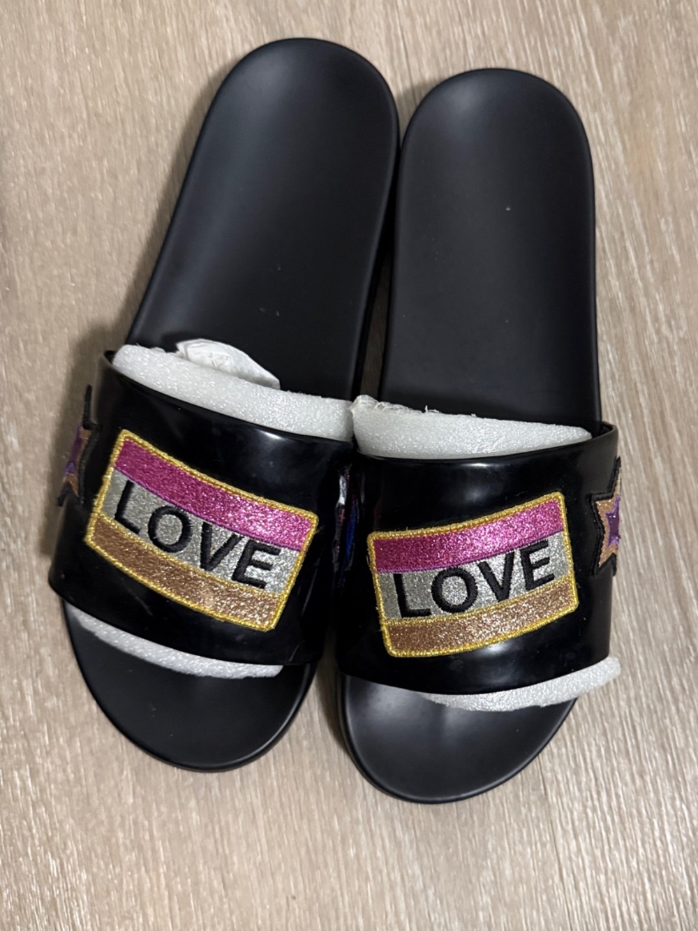 Aldo Black Slide Sandals with Pink and Gold LOVE Patch